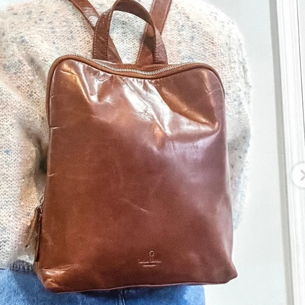 Wild West Los Angeles Cognac Brown Leather Backpack Plaid Interior Card Slots